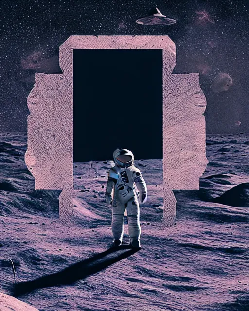 Image similar to a person standing in front of an open door that's on the moon, poster art by mike winkelmann, trending on cg society, space art, sci - fi, ue 5, futuristic, volumetric lighting