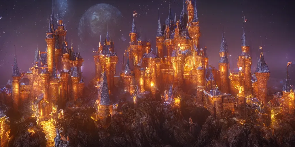 Image similar to a glittering fantasy castle at night, extremely detailed, Behrens style, unreal 5 render, fantasy digital art, octane render, beautiful composition, trending on artstation, award-winning photograph, masterpiece