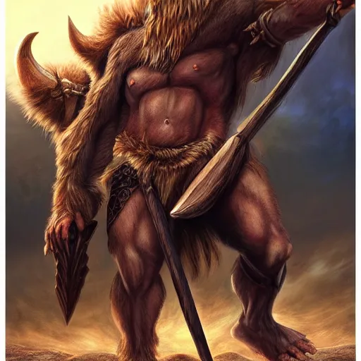 Image similar to Giant minotaur beast warrior with two handed axe, impressive horns, long mane, full body, muscular, dungeons and dragons, hyperrealism, high details, digital painting