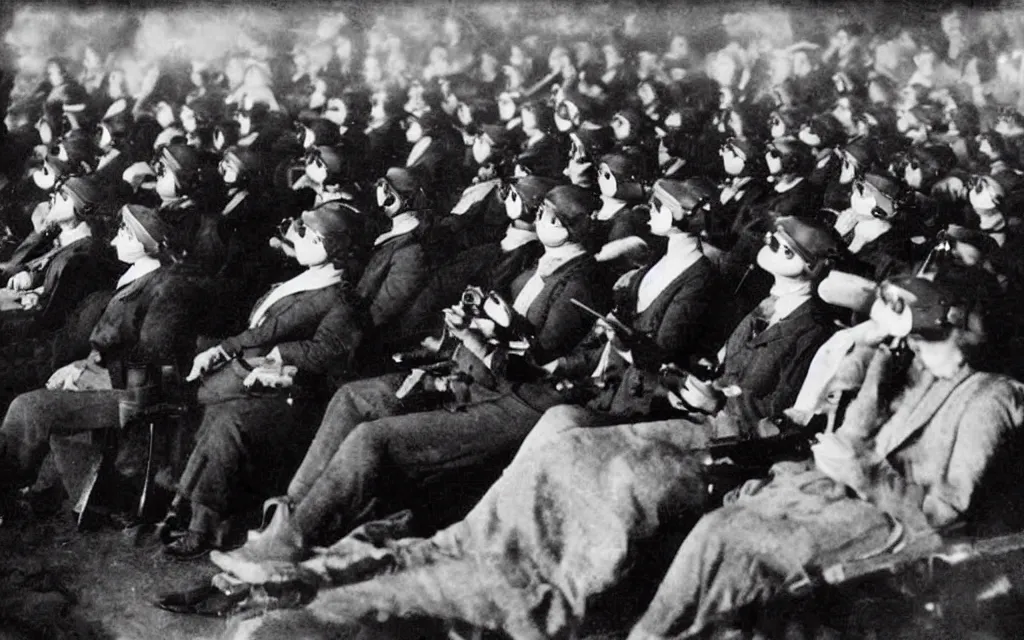 Image similar to 1 9 0 0 s photo of people using iphones ipods virtual reality headsets vr watching hd tv in a movie theater