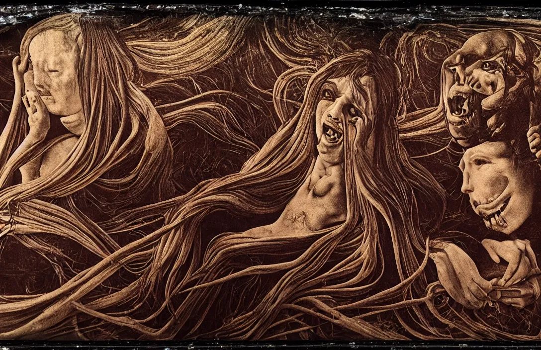 Image similar to gnarly intact flawless ambrotype from 4 k criterion collection remastered cinematography gory horror film, ominous lighting, evil theme wow photo realistic postprocessing nightmarish world of fear, horror, and revulsion that shocks and disturbs the spectator with its emotional power macrolens mural by sandro botticelli