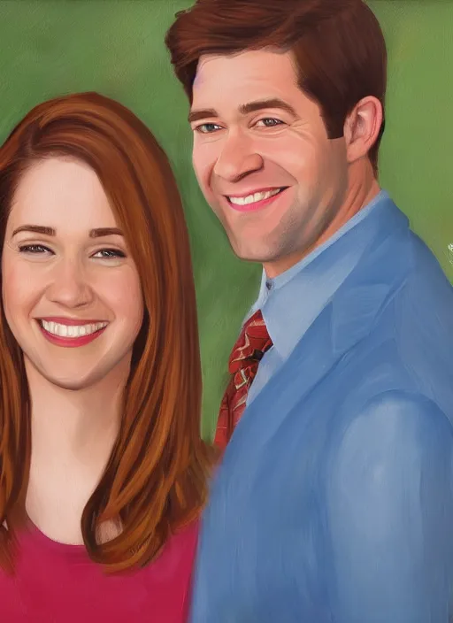 Image similar to portrait painting of jim halpert and pam beesly, happy couple, in the style of procter dod