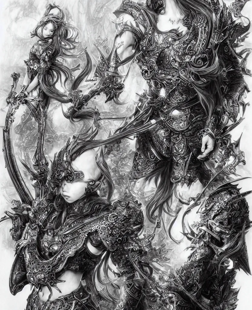 Image similar to hyper - realistic pencil drawing inspired by shinichi sakamoto of a fantasy warrior with hyper detailed and ornate art nouveau medieval armor, long hair twirling, very exaggerated fisheye perspective, art by yoshitaka amano and kojima ayami