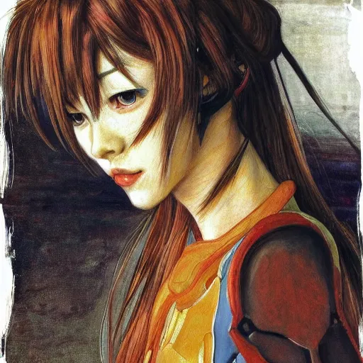 Image similar to realistic beautiful highly detailed portrait of asuka langley soryu's eva, photorealistic, mecha, angel, egon schiele, john mcneill whistler, john singer sargent, epic, stunning