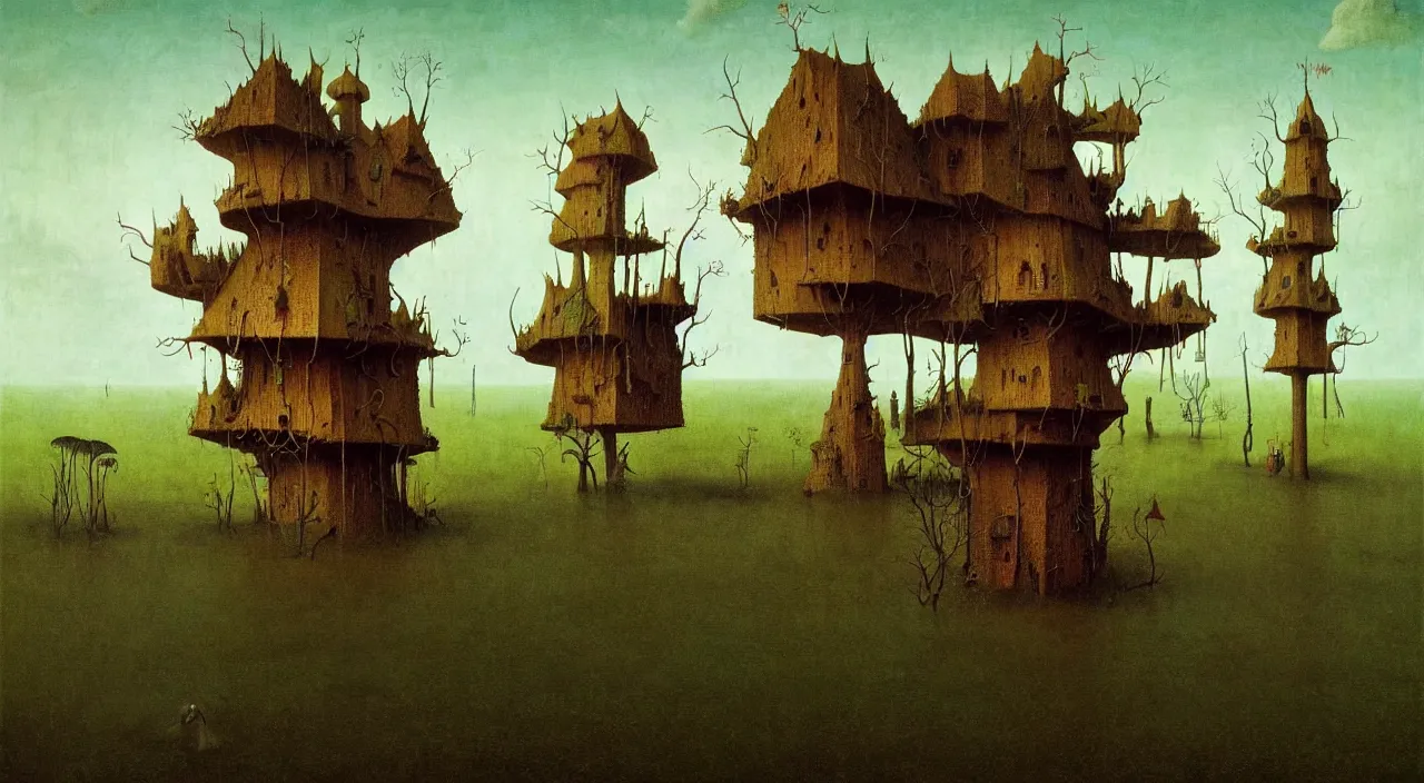 Image similar to single flooded simple fungus wooden tower, very coherent and colorful high contrast ultradetailed photorealistic masterpiece by franz sedlacek hieronymus bosch dean ellis simon stalenhag rene magritte gediminas pranckevicius, dark shadows, sunny day, hard lighting