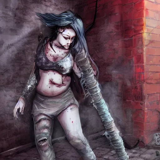 Image similar to dungeon and dragons rogue with covered face in an alley, hyper realistic, torn clothes, dirty, sweat, detailed face, red eyes, in the style of chris achilleos