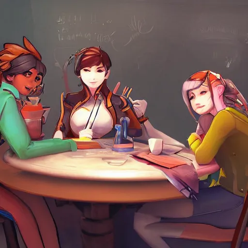 Prompt: Three students talking at a table artwork by Overwatch Art Team