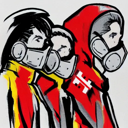 Image similar to detailed details concept art saints gang photo group, theyre using gas mask, other using saints mask, with red cross mark, theyre wear yellow and red hoodie, theyre leader regularly uses red in the style of bob peak and alex ross, gouache and wash paints color, detailed details facial and body and human and environments and proportionate, detailed 5 k details.