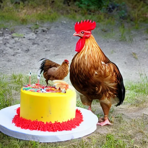 Prompt: a realistic photo of a hatchling chick and a big rooster all alone next to a birthday cake