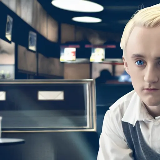 Image similar to Draco Malfoy sitting at a booth in McDonalds, McDonalds interior background, photo