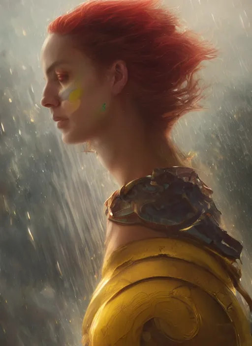 Prompt: a realistic detail portrait of a beautiful female angle in heaven, Ragnarok, rainbow bridges raining, thunder, magic, dragon, oil painting by Julian calle, wlop, greg rutkowski, Finnian MacManus, Trending on artstation, red and yellow scheme, 8k, RE Engine