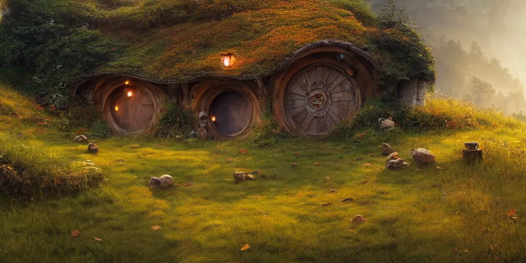 Prompt: a hobbit house in a grass field hill, greg rutkowski, zabrocki, moebius, karlkka, jayison devadas, highly detailed, photorealism, sharp details, autumn sunlights, smoky atmosphere, ( ray of sunlight ), 8 k, ultra wide angle, zenith view,