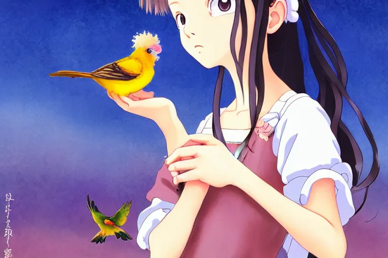 Image similar to young pretty girl holding a bird in her hands, looking touched, Fragile looking character portrait , beautiful scene; highly detailed art, by Studio Ghibli , High contrast, anime art