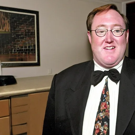Prompt: 2 0 0 2 john lasseter wearing a black suit and necktie. he is in the kitchen of his house where there are brown paper bags full of groceries sitting on the counter.
