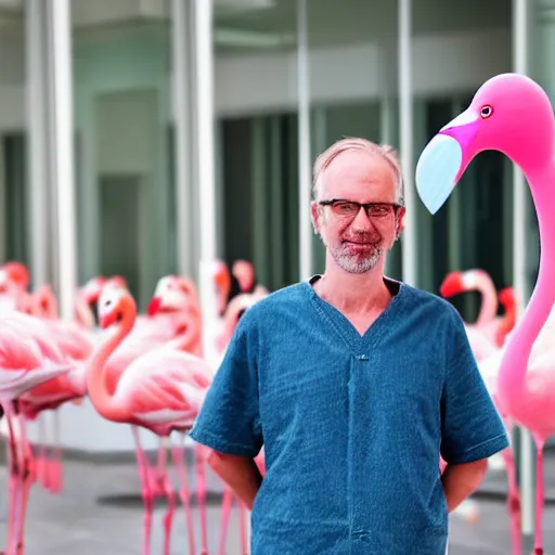 Prompt: swedish medical professor standing in front of hospital entrance with 10 pink flamingo walking by