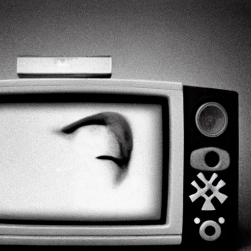 Prompt: creepy cursed TV playing found footage of a ghost, 90s, black and white, dark room at 4am