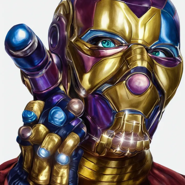 Prompt: portrait of Otto Waalkes, wearing The Infinity Gauntlet. Caricature artwork. trending on artstation, very coherent symmetrical artwork. avengers. thanos. cinematic, hyper realism, high detail, octane render, 8k, iridescent accents