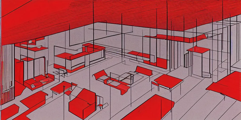 Image similar to modernist interior, seen from above, by René Laloux, line brush, thick lines, red, plain background