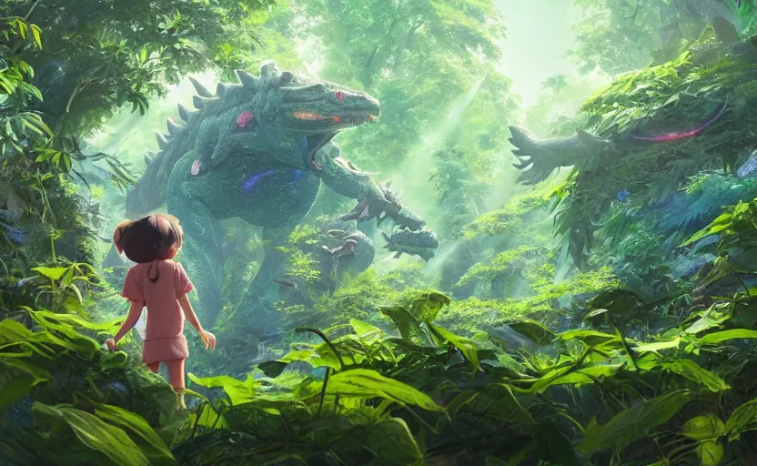 Image similar to a still of a cute adorable tiny astronaut, on a planet of lush foliage, with an enormous kaiju dragon surrounding the background, magical forest, sharp focus, neon backlit, highly detailed, disney pixar studio ghibli makoto shinkai, digital painting, matte, octane render, global illumination, iridescent, anime, 8 k concept art