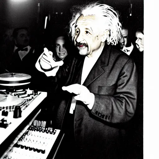 Image similar to color photograph of Albert Einstein DJ at a nightclub, in color, color photograph, colors