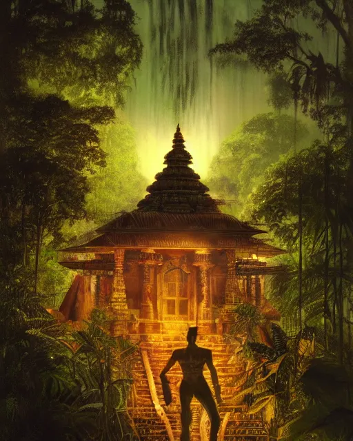 Image similar to 8 k concept art from a hindu temple lost in the jungle at dusk by david mattingly and samuel araya and michael whelan and dave mckean and richard corben. volumetric lighting. composition and layout inspired by gregory crewdson