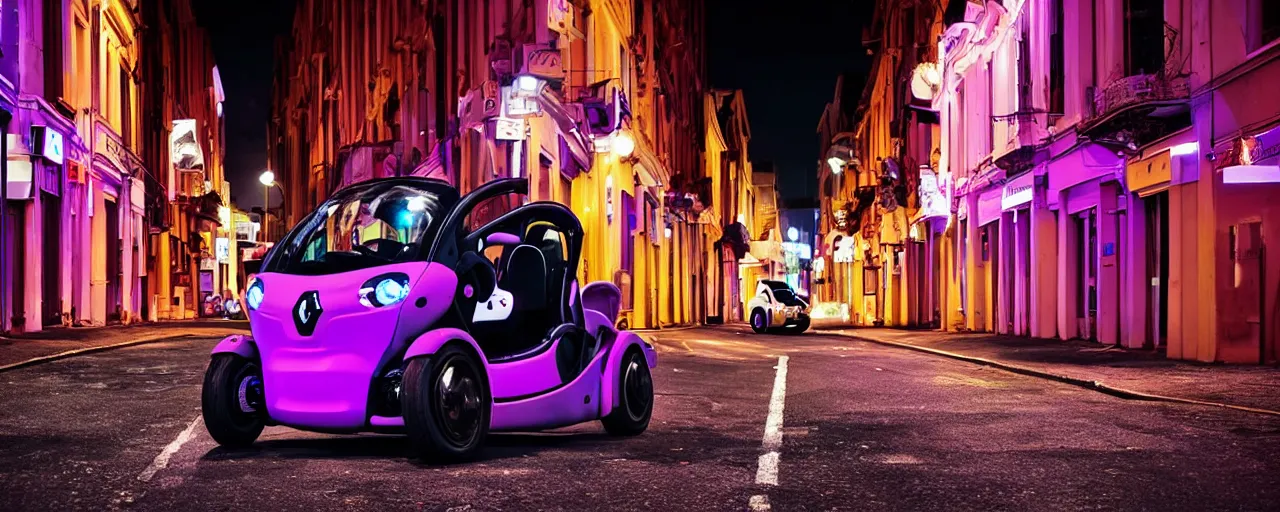 Image similar to Renault Twizy parked on deserted city street at night time purple lighted street retro-wave vibes grainy soft motion blur, cinematic, low wide angle shot