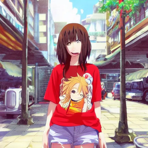 Image similar to a girl wearing a hot sauce shirt, anime art illustrated by Makoto Shinkai