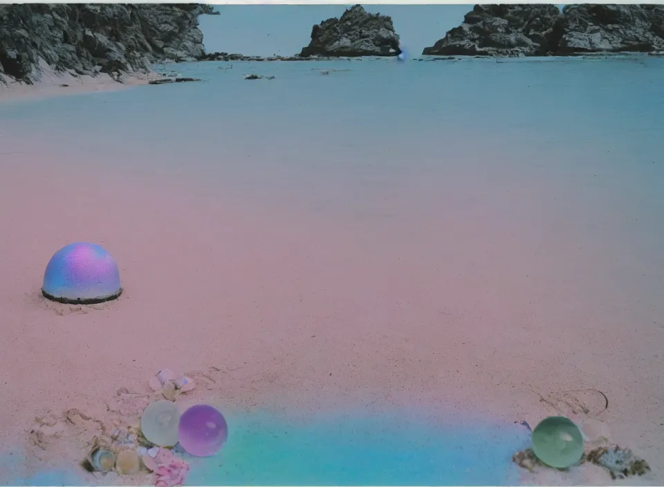 Prompt: a pastel coloured vintage family holiday photo of an empty beach from an alien dreamstate world with chalky pink iridescent!! sand, reflective lavender ocean water, dim bioluminescent plant life and an igloo shaped plastic transparent snack bar surrounded by holiday clutter opposite a pit with an iridescent blue flame flickering. glare. refraction, volumetric light.