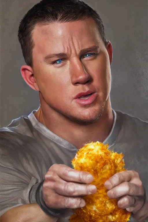 Prompt: channing tatum in a tater tot costume, oil on canvas, intricate, 8 k highly professionally detailed, hdr, cgsociety