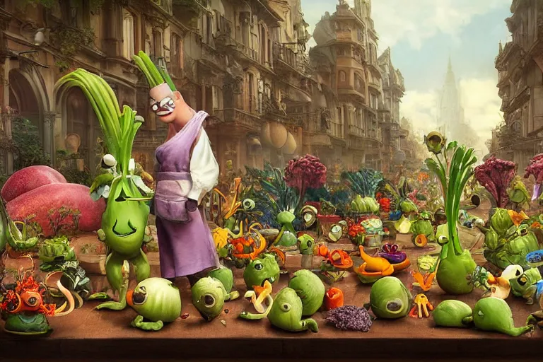 Prompt: miniature vegetable creatures parade on a cutting board. big chef in a kitchen in the background. digital art, realistic, pixar style, highly detailed, cinematic, matte painting, vivid colors, realistic, epic, low angle, lighting, by greg rutkowski and artgerm and alphonse mucha