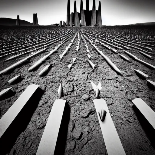 Image similar to radioactive spike field, monolithic granite spikes, one lone person standing in front of the spikes, creepy monotone black and white lighting, post nuclear fallout, desolate, no life, high resolution, old photo, distorted photo, slow corruption