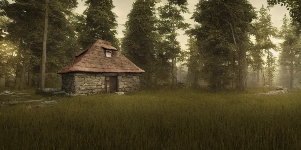 Prompt: a single cottage with a thached roof in the woods and empty woods, 8k, fantasy, unreal engine, dramatic lighting, cinematic