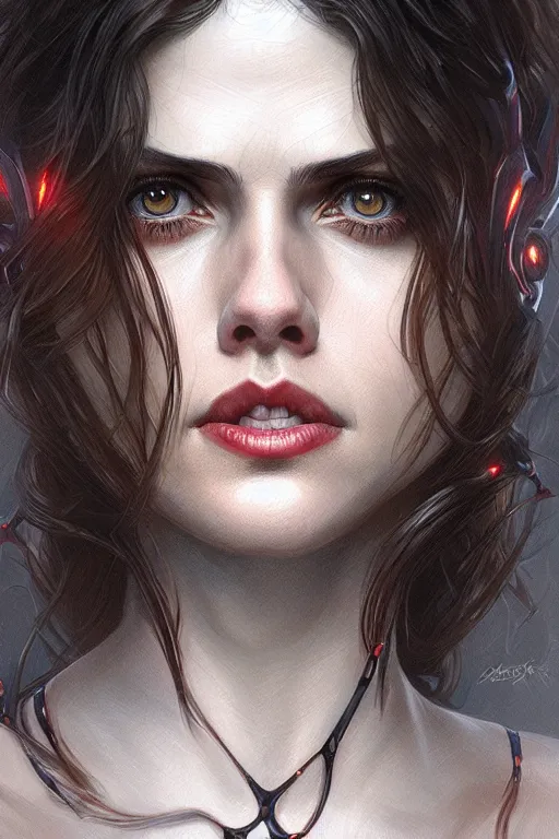 Image similar to alexandra daddario as spider girl, realistic portrait, symmetrical, highly detailed, digital painting, artstation, concept art, smooth, sharp focus, illustration, cinematic lighting, art by artgerm and greg rutkowski and alphonse mucha