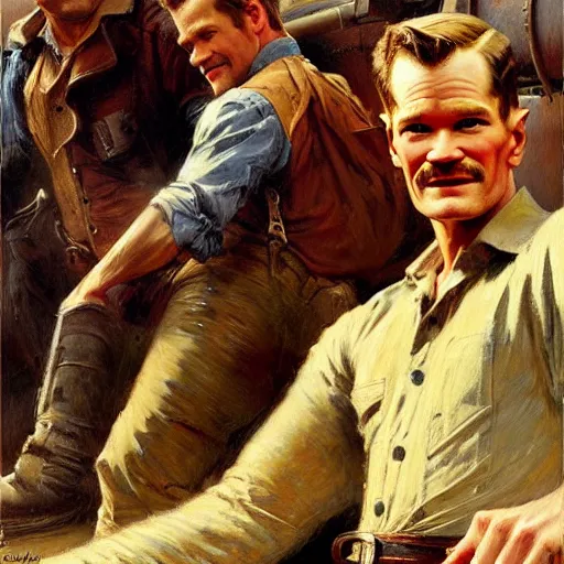 Prompt: neil patrick harris is a railroad worker, painting by gaston bussiere, craig mullins, j. c. leyendecker, tom of finland