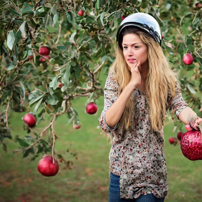 Image similar to a closeup portrait of a woman wearing a helmet made of reflective mylar, picking pomegranates from a tree in an orchard, foggy, moody, photograph, by vincent desiderio, canon eos c 3 0 0, ƒ 1. 8, 3 5 mm, 8 k, medium - format print