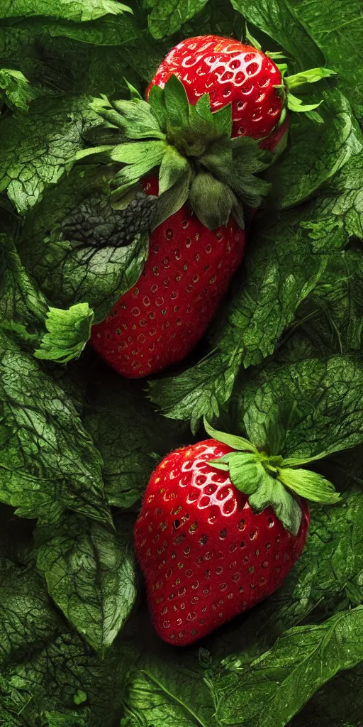 Image similar to a smiling strawberry with purple eyes, surrounded by a green forrest, moody , lovecraft, giger, ridley scott, zack snyder, Fenghua Zhong, realistic cinematic lighting, establishing action shot, ultra detailed, hyper realism, photo, octane render