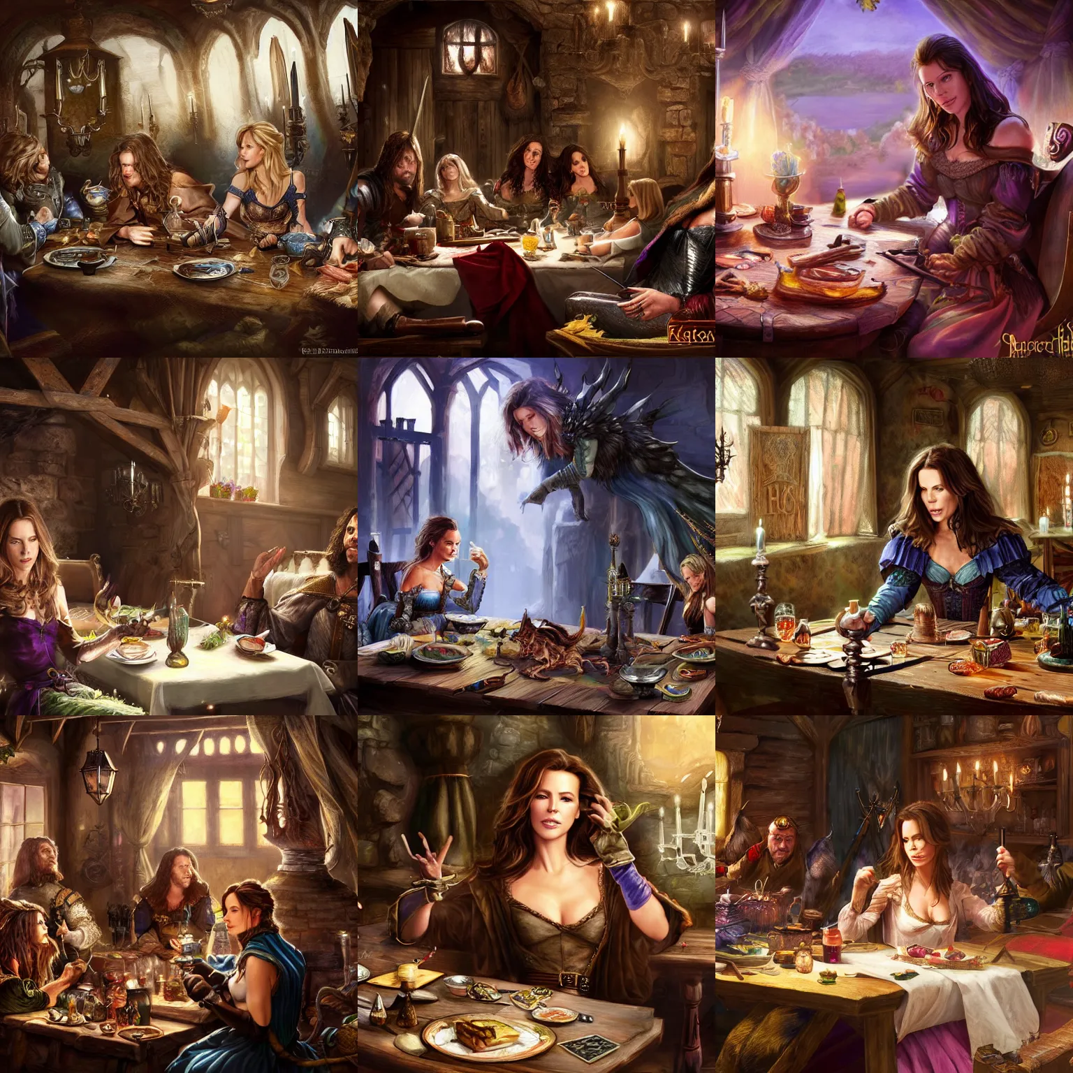 Prompt: kate beckinsale sleep on the table, medieval tavern dnd, colorfull digital fantasy art, 4k