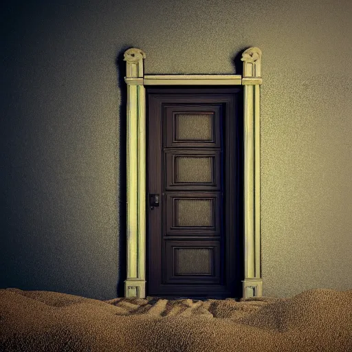 Prompt: photography, 3 d render, monster, door, sand, water