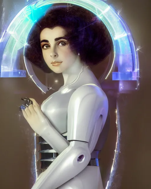 Image similar to centered portrait of soulful young elizabeth taylor as a solarpunk mecha humanoid robotic parts wearing crystal visor with bright led lights, real human face, pudica gesture bouguereau style, in white room, ultra - realistic and intricate, soft portrait shot 8 k