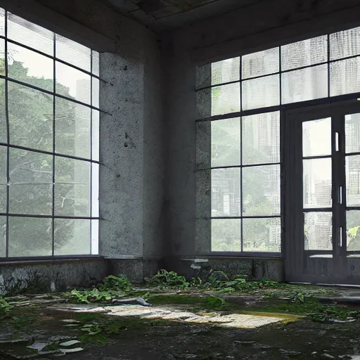 Image similar to interior of a building in an overgrown abandoned hong kong, light pouring through the windows, deserted and decaying concrete, unreal engine 5, raytracing, artstation, 8k