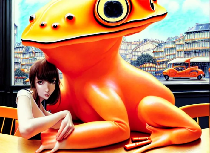 Prompt: a French girl in a café with a giant orange frog. insanely and epically detailed supreme-quality color ink pen artwork, amazingly composed image, illustrated by Range Murata and Artgerm and Stanley Law.