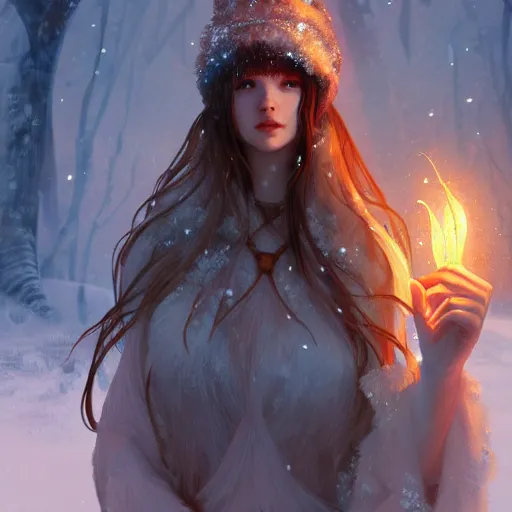 Image similar to beautiful ancient frost witch, fire in eye, snow glow, pool party, highly detailed, digital painting, artstation, sharp focus, illustration, art by tan zi and ayanamikodon and alphonse mucha and wlop