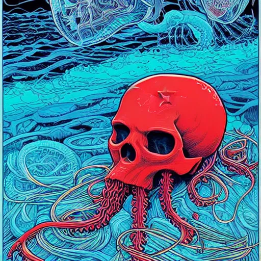 Prompt: a red human skull in the ocean embraced jellyfish tendrils by josan gonzalez and dan mumford