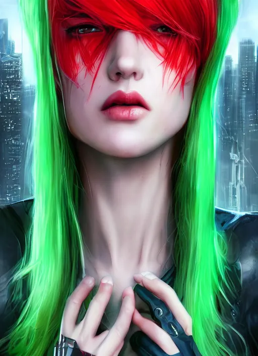 Image similar to cyberpunk woman with green hair wearing futuristic clothes and a red plaid miniskirt, beautiful face, by wlop, by artgerm, by yoshitaka amano, digital art, matte art, octane render, lineart, pop art