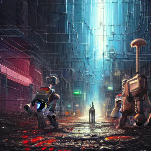 Prompt: beautiful detailed religious oil painting of robots with halos in a cyberpunk wasteland