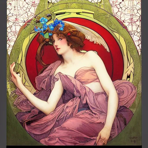 Image similar to romantic painted portrait of halo by james jean, mucha