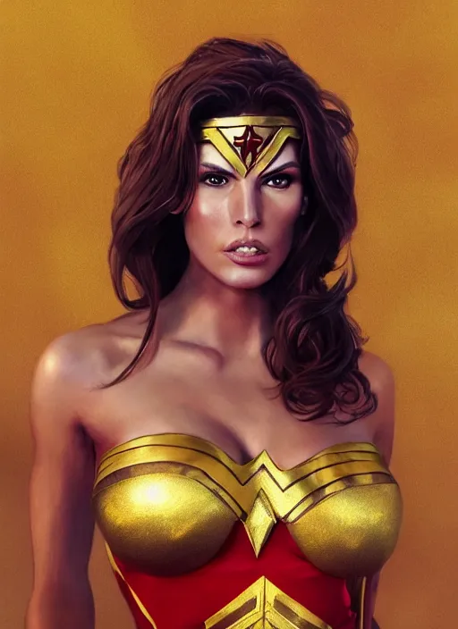 Prompt: portrait of raquel welch as a wonder woman, hyper detailed, digital art, trending in artstation, cinematic lighting, studio quality, smooth render, unreal engine 5 rendered, octane rendered, art style by klimt and nixeu and ian sprigger and wlop and krenz cushart.