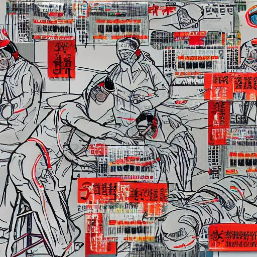 Image similar to chinese surgeons operating on a body on an operating table, in the style of daniel johnston and outsider art, 8k, line brush, minimal, overlaid with chinese adverts, photorealistic