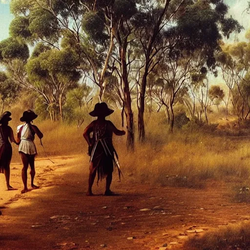 Image similar to Australian aborigines walking through the outback, a beautiful painting by ivan shishkin, matte painting