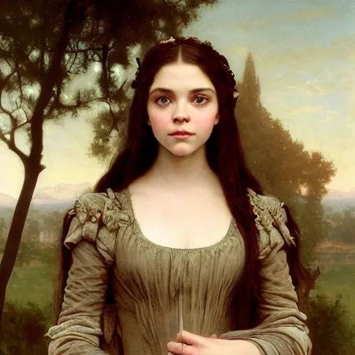 Image similar to detailed portrait painting of a princess who resembles Anya Taylor Joy, Chloe Grace Moretz, and Emma Watson in a steampunk cathedral by Michael Whelan, William Adolphe Bouguereau, John Williams Waterhouse,